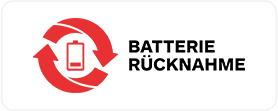 Rotes Symbol mit Pfeilen und Batterie, daneben steht Text Batterie Rücknahme